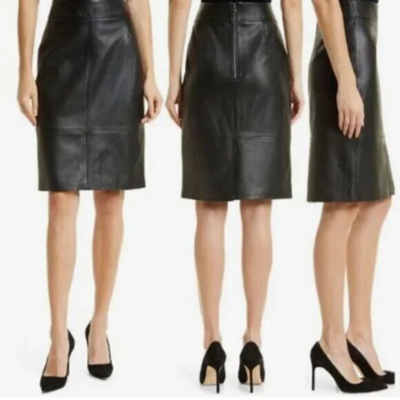 HUGO BOSS Leather Pencil Skirt 6 SELRITA Black Slim Fit Knee Length Classy Edgy - Picture 14 of 14
